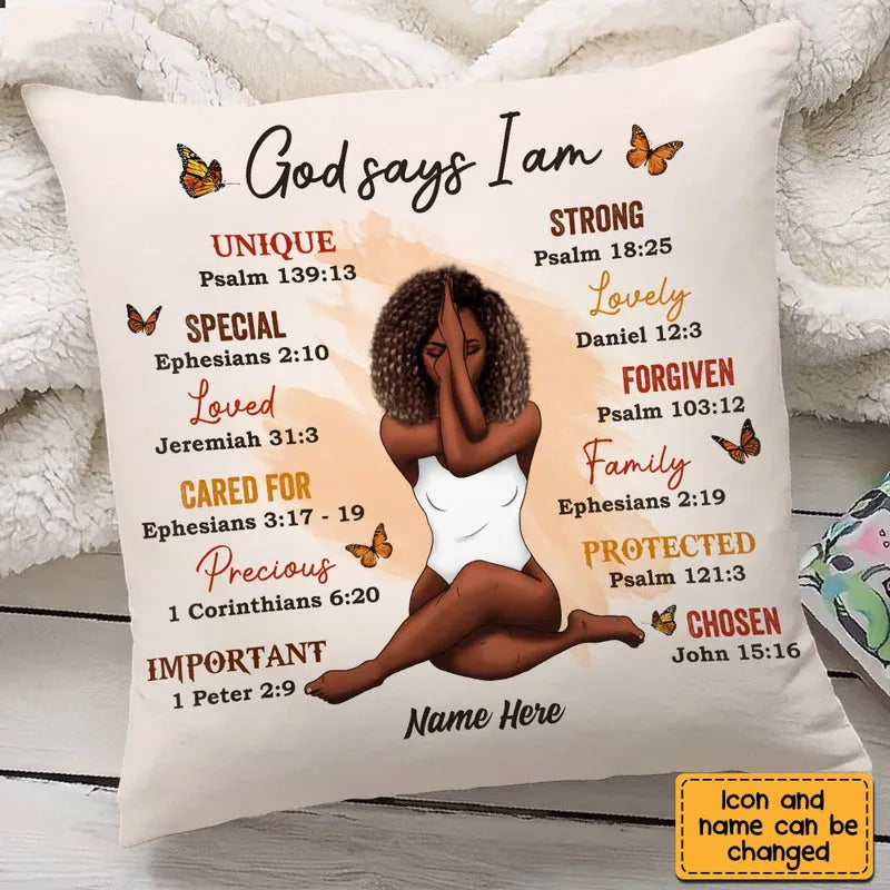 God Says I Am - Personalized Custom Pillow - Gifts For Women, Yoga Lovers, Mental Health Gifts