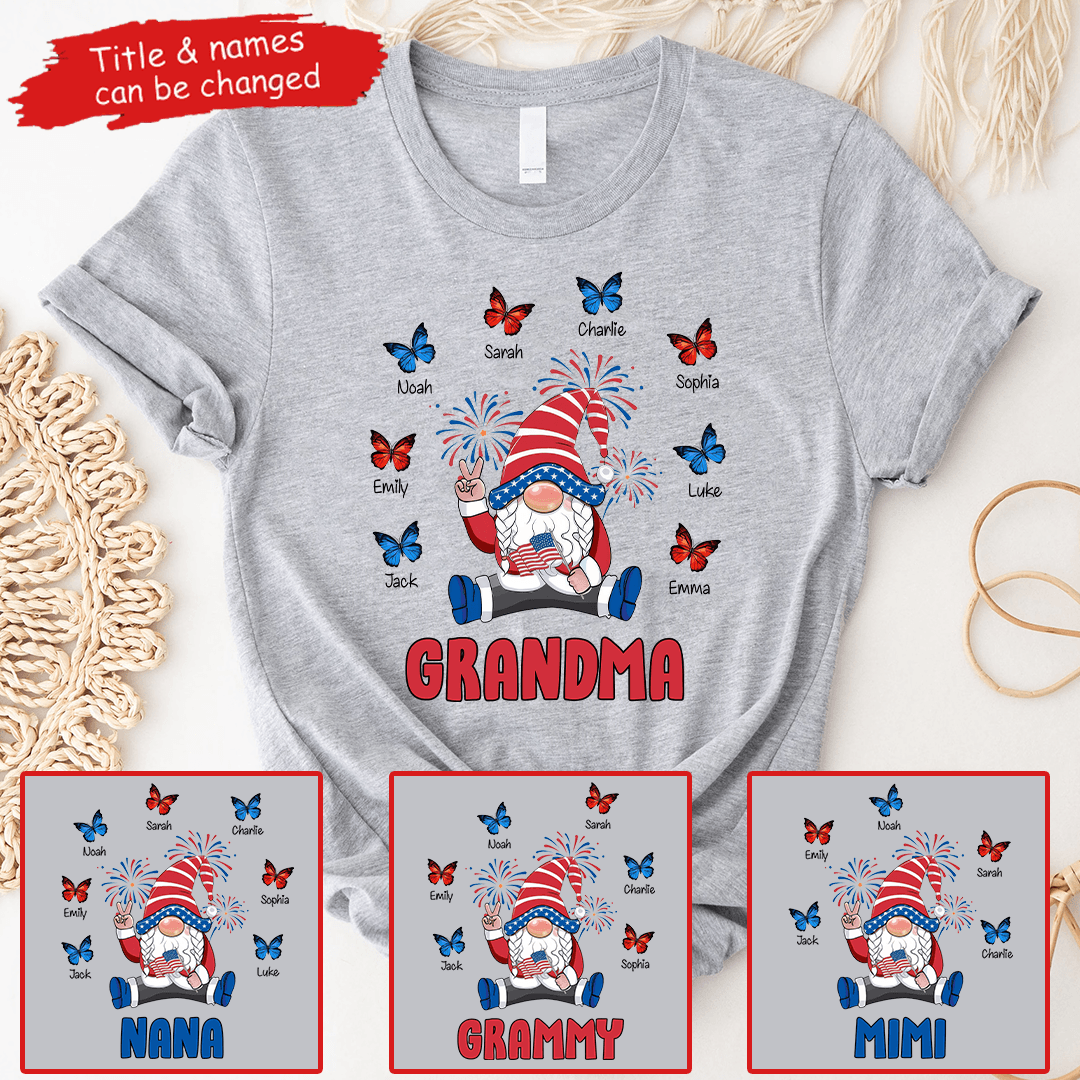 Gnome 4th Of July for Grandma Blessed With Grandkids Butterfly - Personalized Custom T Shirt - Gift for Grandma/Nana/Mimi, Mom, Wife, Grandparent