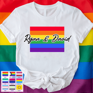 Custom Photo Love Is Love Pride Flag LGBT Couple | Personalized Gift For Pride Month, Valentine, Anniversary, Husband Wife, Girlfriend, Boyfriend, Her/Him, Family | T-shirts - Suzitee Store