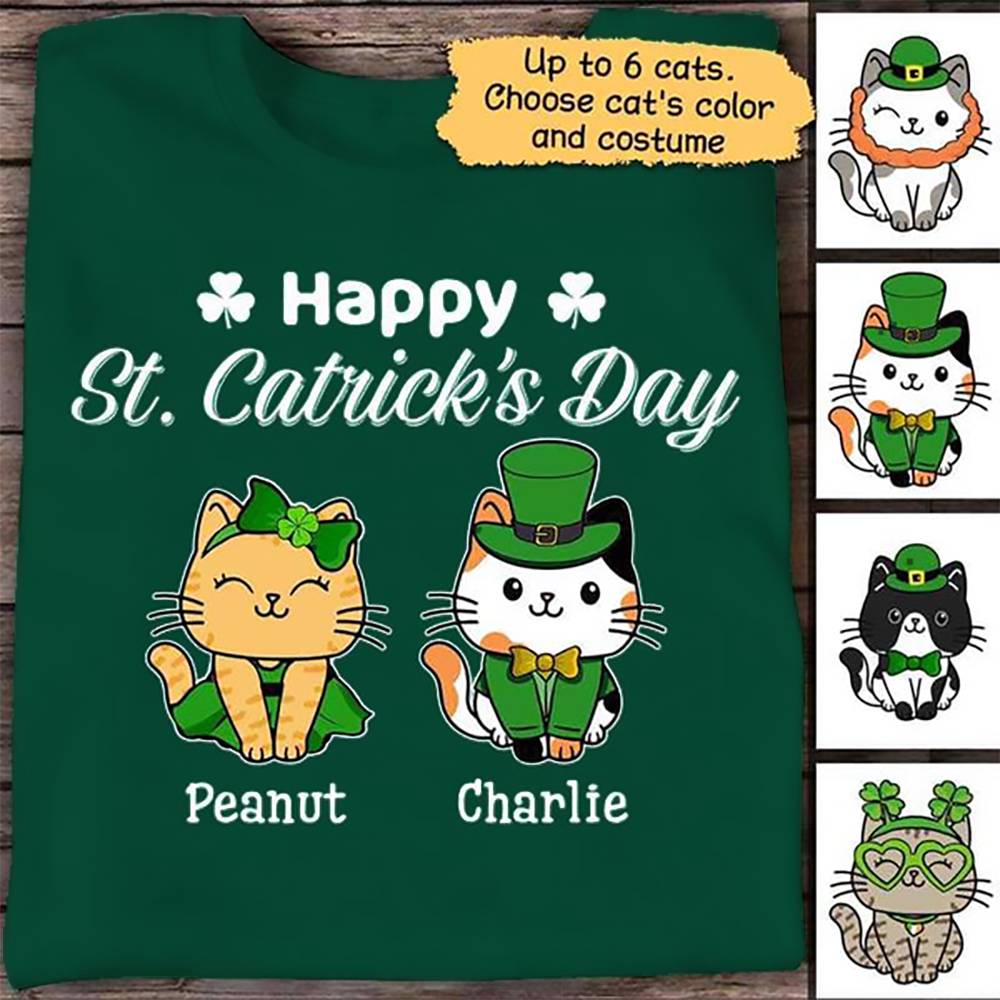 Happy St Catrick‘s Day Sitting - Personalized Custom T Shirt - St. Patrick's Day Gift For Cat Lovers, Pet Lovers, Cat Mom, Cat Dad