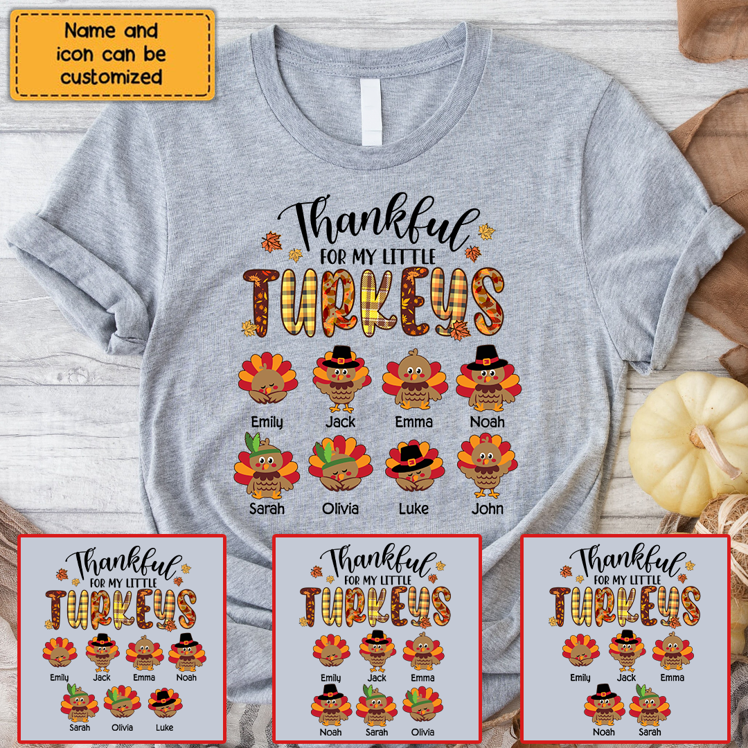 Thankful For My Little TurKeys - Personalized Custom T Shirt - Thanksgiving Gift For Grandma/Nana/Mimi, Mom, Wife, Grandparent