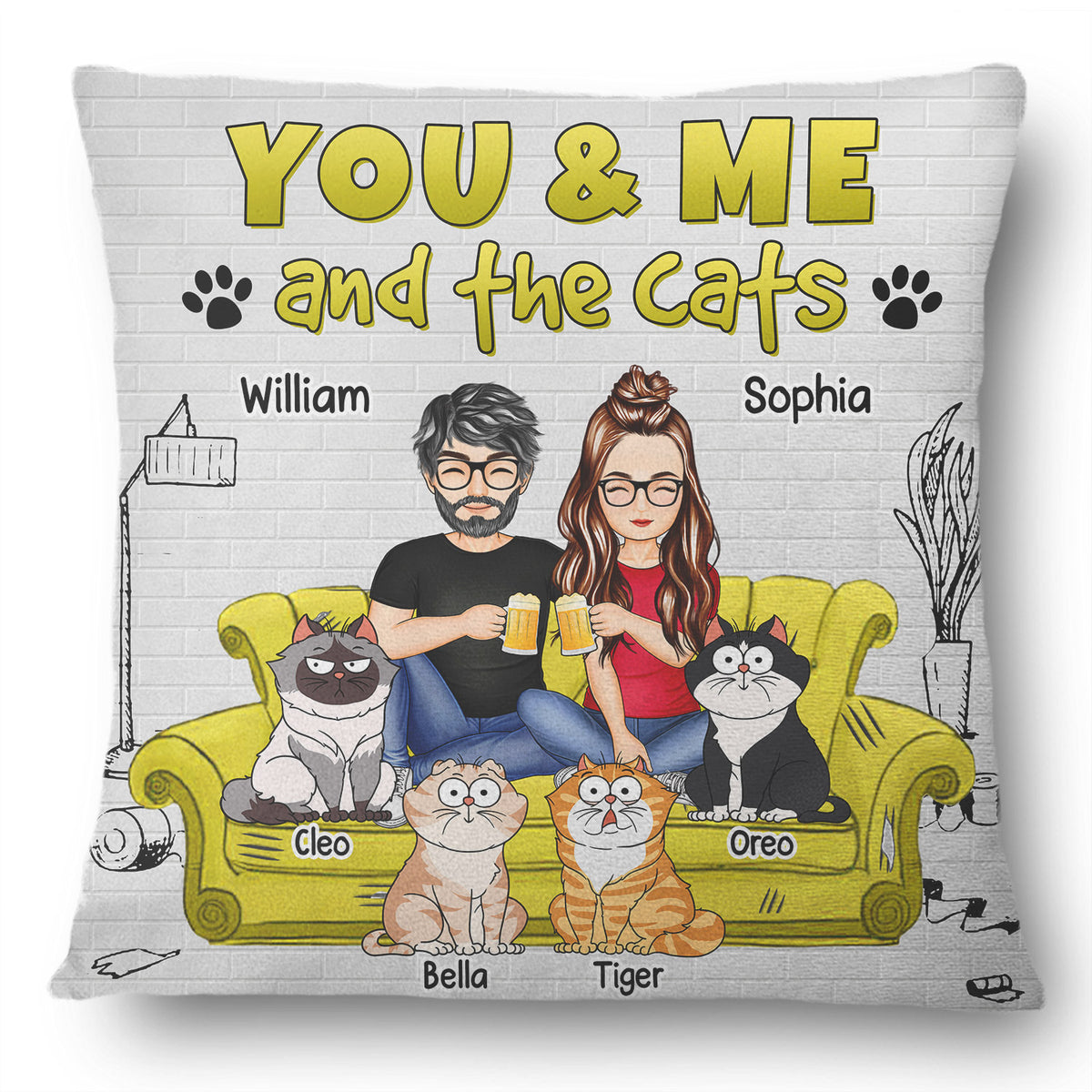 You And Me And The Cats - Custom Pillow - Personalized Gift For Couple - Cat Lovers, Pet Lovers, Cat Mom, Cat Dad | Valentine