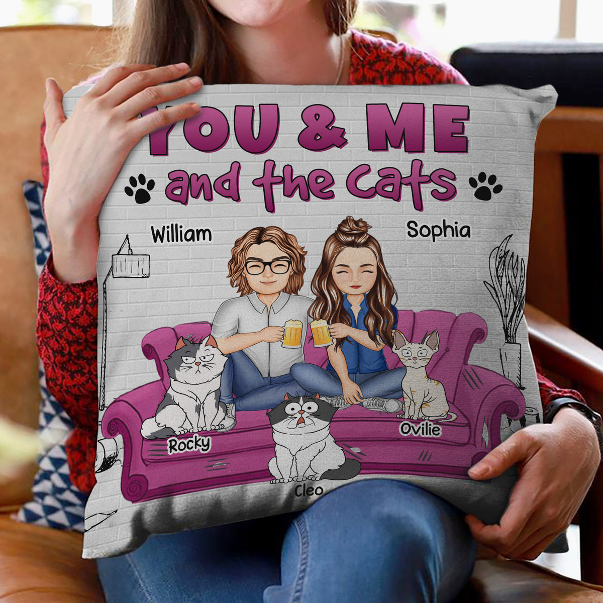 You And Me And The Cats - Personalized Pillow - Gift For Cat Lovers, Pet Lovers, Cat Mom, Cat Dad