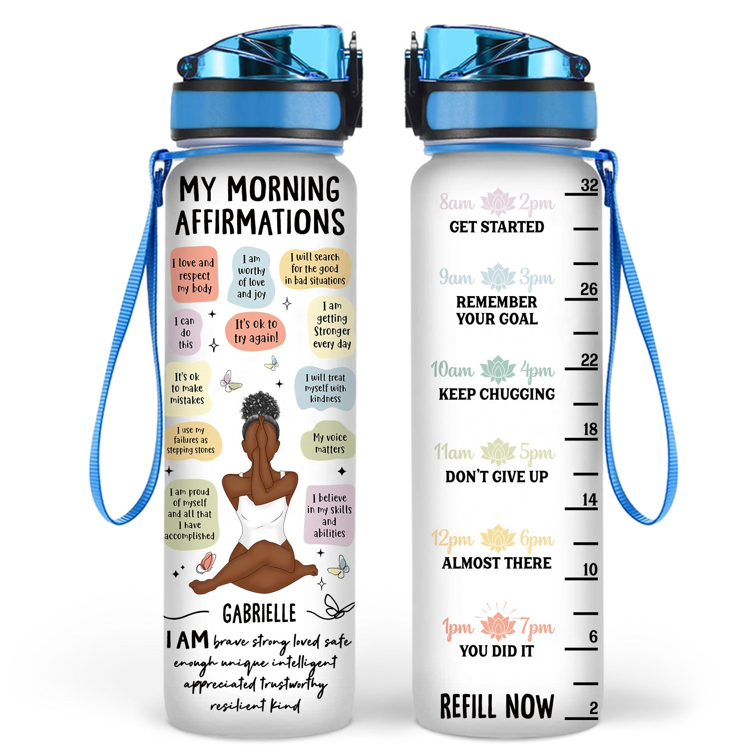 Yoga Girl Morning Affirmations - Personalized Water Bottle With Time Marker - Gift For Yoga Lovers