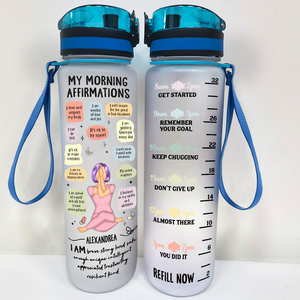 Yoga Girl Morning Affirmations - Personalized Water Bottle With Time Marker - Gift For Yoga Lovers