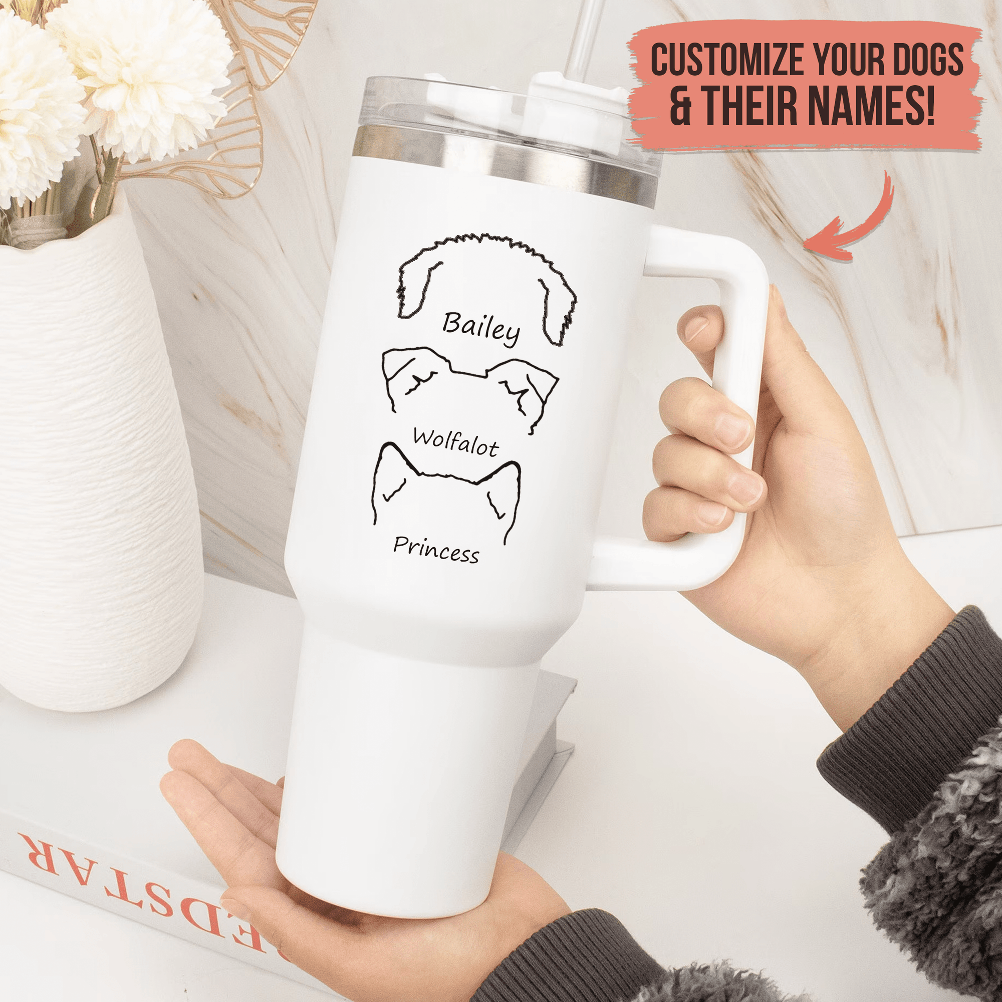 Personalized 40oz Tumbler With Handle - Custom Gift for Dog Owner  - Dog Lover Gifts for Friends, Dog Mom, Dog Dad, Homeowners