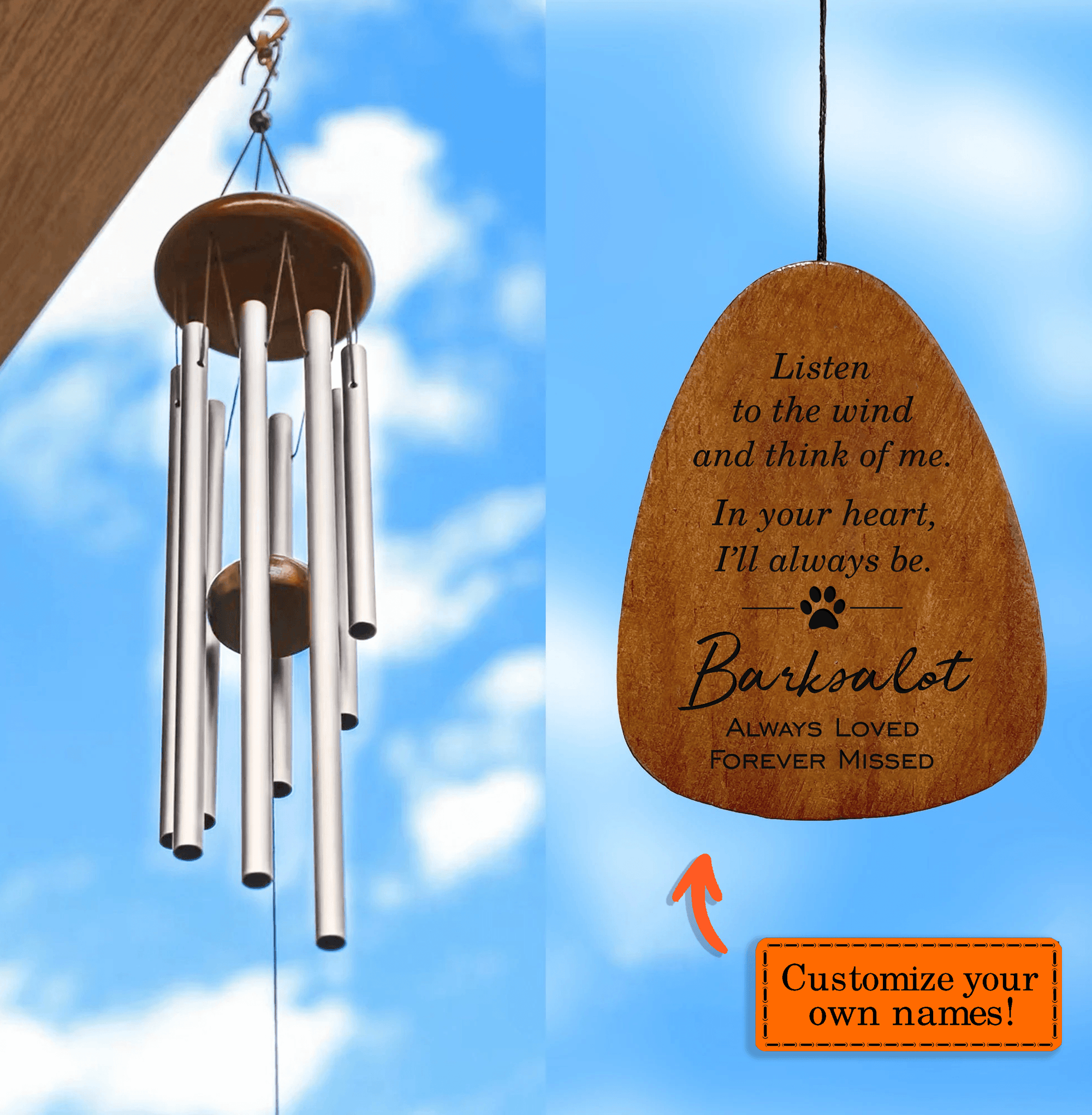 Custom Memorial Gift - In Your Heart I'll Always Be - Personalized Wind Chime| Sympathy , Bereavement, Family Memory, Condolence Gift for Pet Loss, Dog & Cat Lover