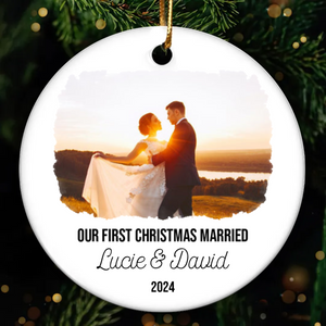 Custom Photo First Christmas Married - Personalized Circle Ceramic Ornament - Gift For Couple, Husband, Wife, Family Members