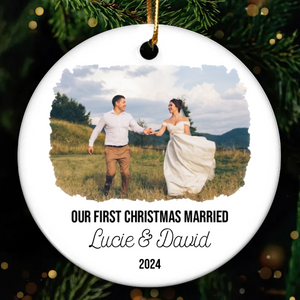 Custom Photo First Christmas Married - Personalized Circle Ceramic Ornament - Gift For Couple, Husband, Wife, Family Members