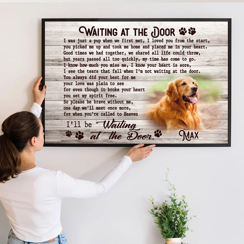 Custom Photo Memorial Pet Waiting At The Door - Personalized Horizontal Poster - Personalized Gifts for Pet Loss, Sympathy Gift for Cat, Dog Lovers