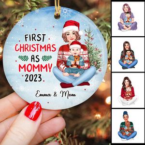 First Christmas As Mom/Grandma - Personalized Circle Ceramic Ornament - Christmas Gift For Mom, Grandma