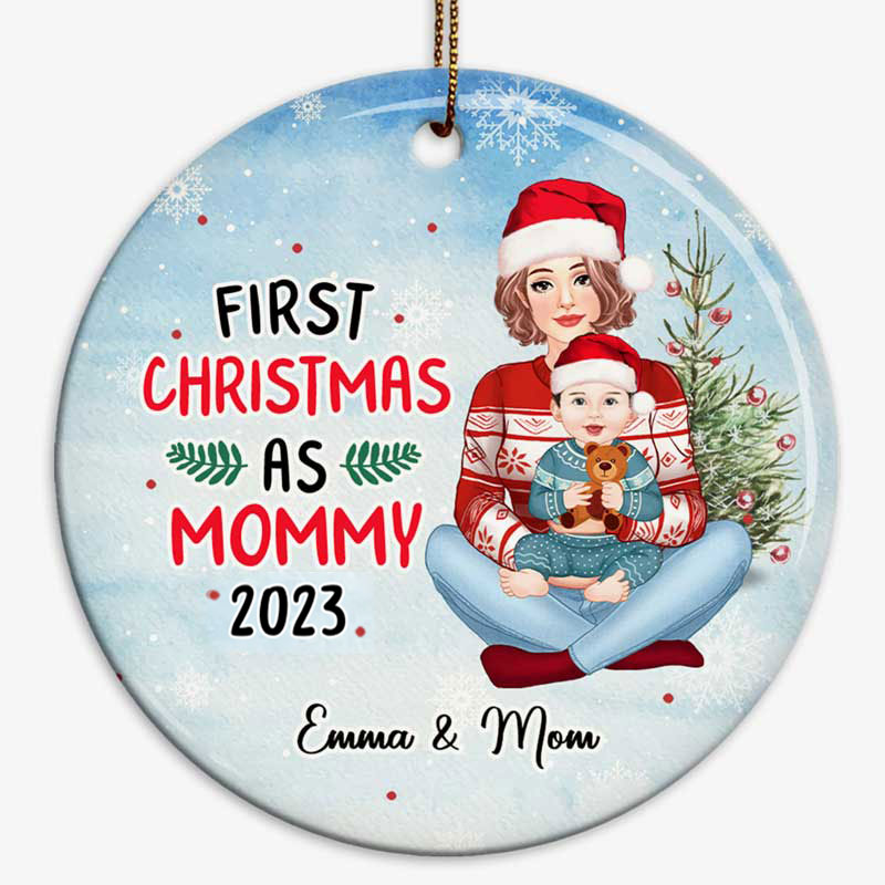 First Christmas As Mom/Grandma - Personalized Circle Ceramic Ornament - Christmas Gift For Mom, Grandma