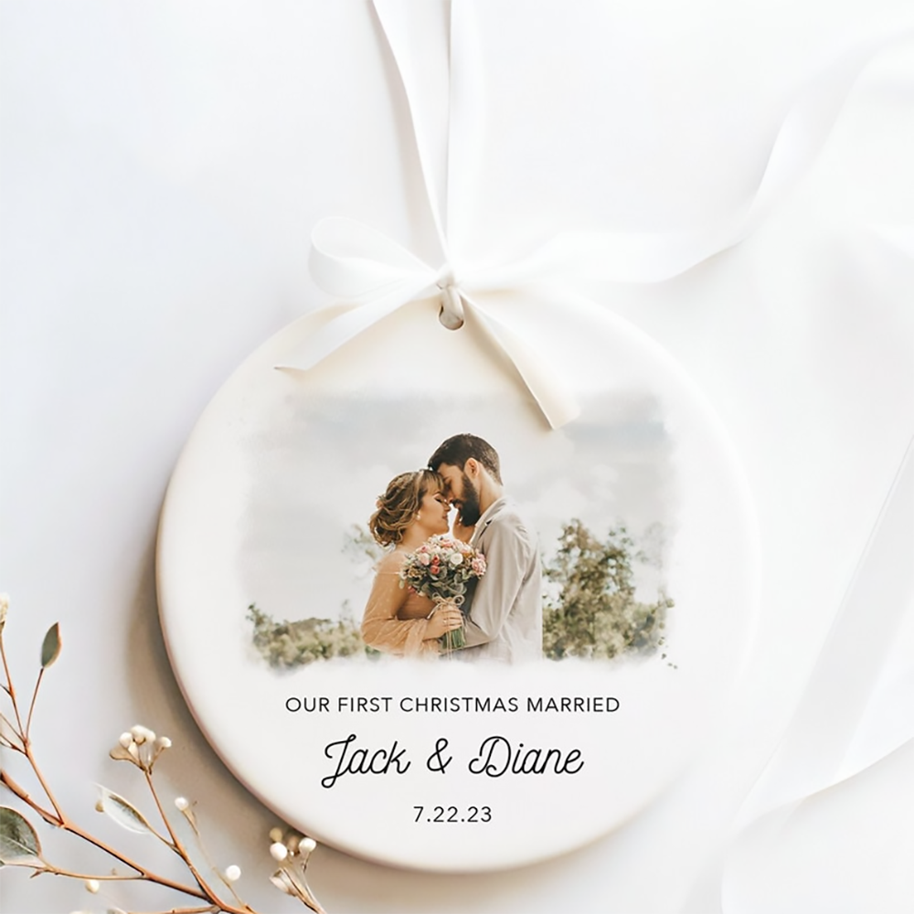 Custom Photo First Christmas Married - Personalized Circle Ceramic Ornament - Gift For Couple, Husband, Wife, Family Members