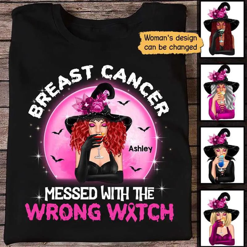 Breast Cancer Messed With Wrong Witch - Personalized Custom T-Shirt - Halloween Gift For Breast Cancer Warrior, Breast Cancer Awareness