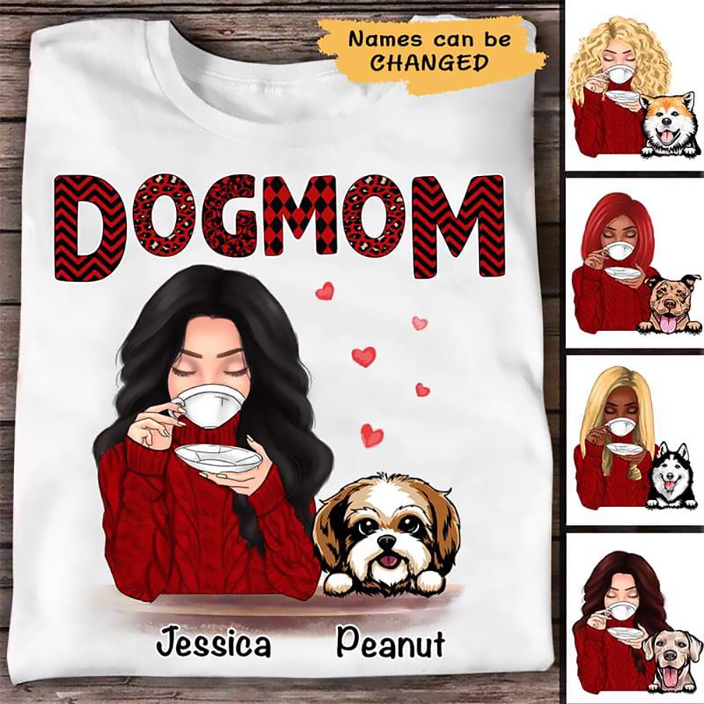 Dog Mom Red Patterned - Personalized Custom T Shirt - Gift for Women, Dog Mom, Dog Lovers