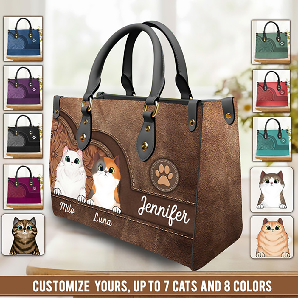 Cat Personalized Leather Handbag - Personalized Gift for Cat Lovers, Cat Mom, Pet Lovers