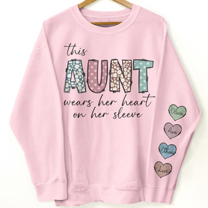 This Mama Wear Her Heart On Her Sleeve - Personalized Sleeve Printed Sweater - Gift for Mom, Grandma, Nana, Grandparent