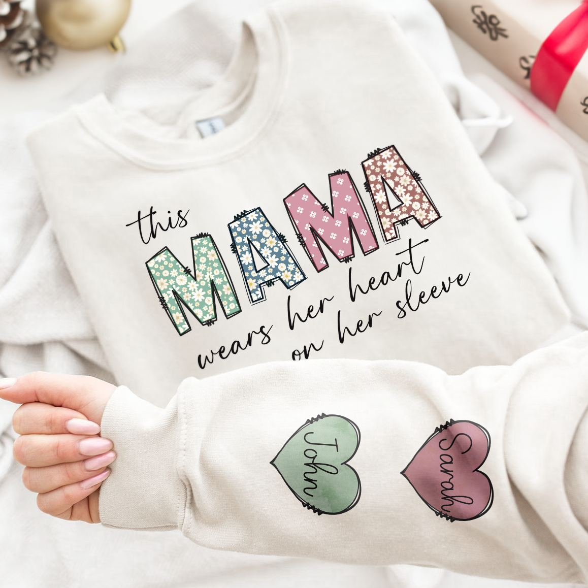 This Mama Wear Her Heart On Her Sleeve - Personalized Sleeve Printed Sweater - Gift for Grandma, Nana, Grandparent