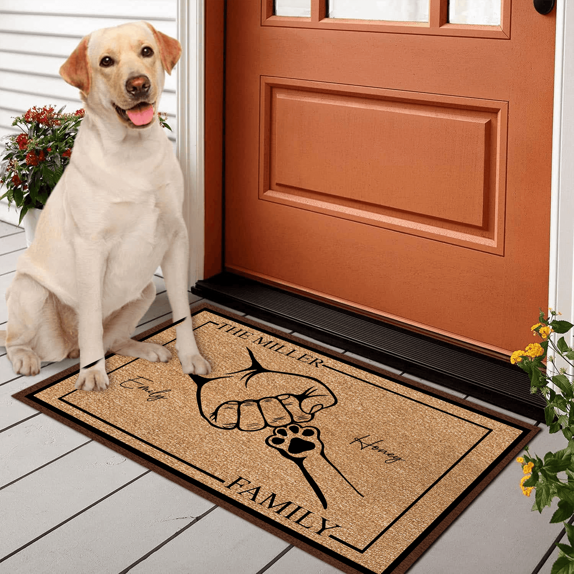 Family Pet Fist Bump - Personalized Doormat - Birthday, Housewarming, Funny Gift for Homeowners, Friends, Dog Mom, Dog Dad, Dog Lovers, Pet Gifts for Him, Her - Suzitee Store