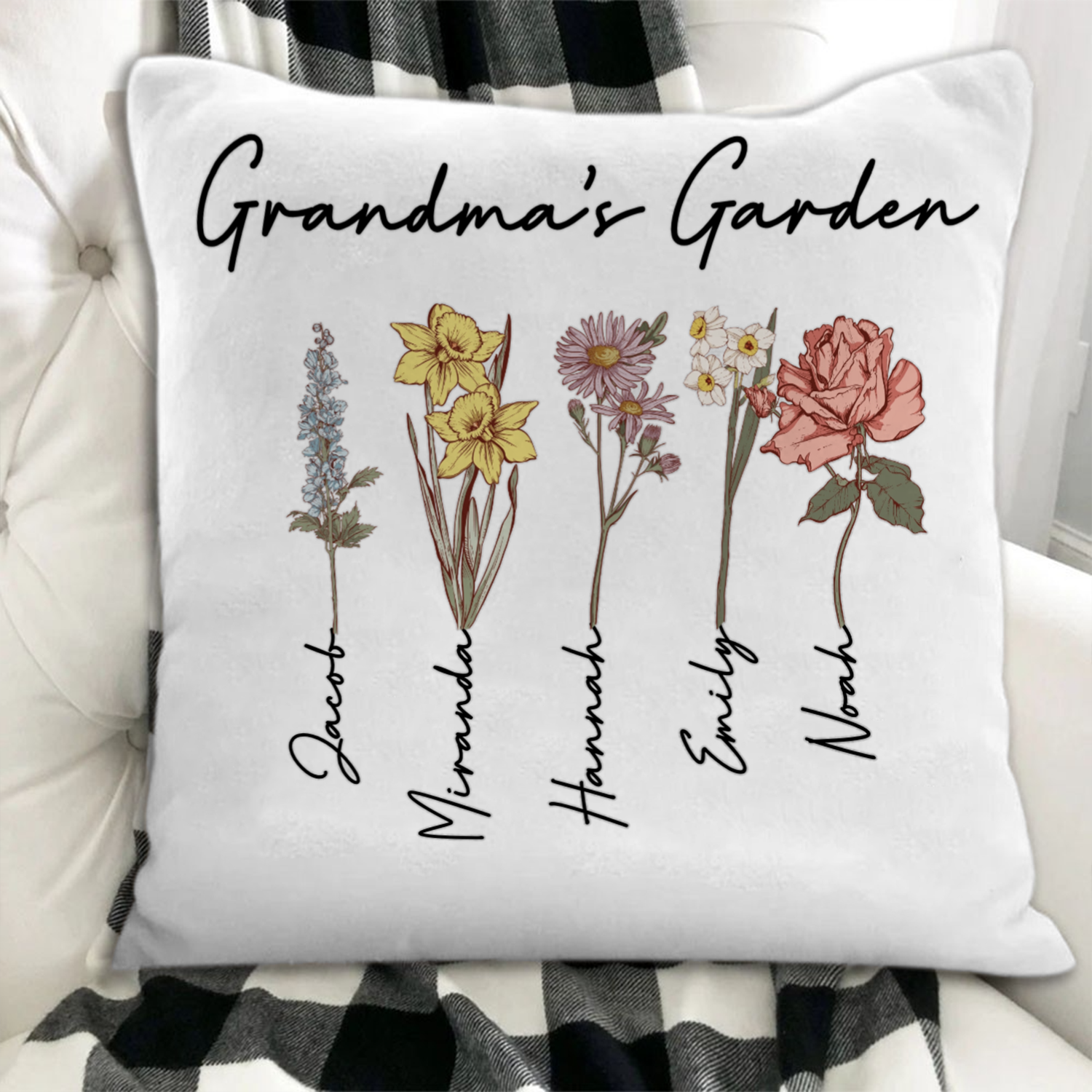 Custom Grandma's Garden Pillow, Personalized Birth Month Flowers Pillow, Grandmas Garden Pillow with Grandkids, Gift for Grandma, Christmas Gift