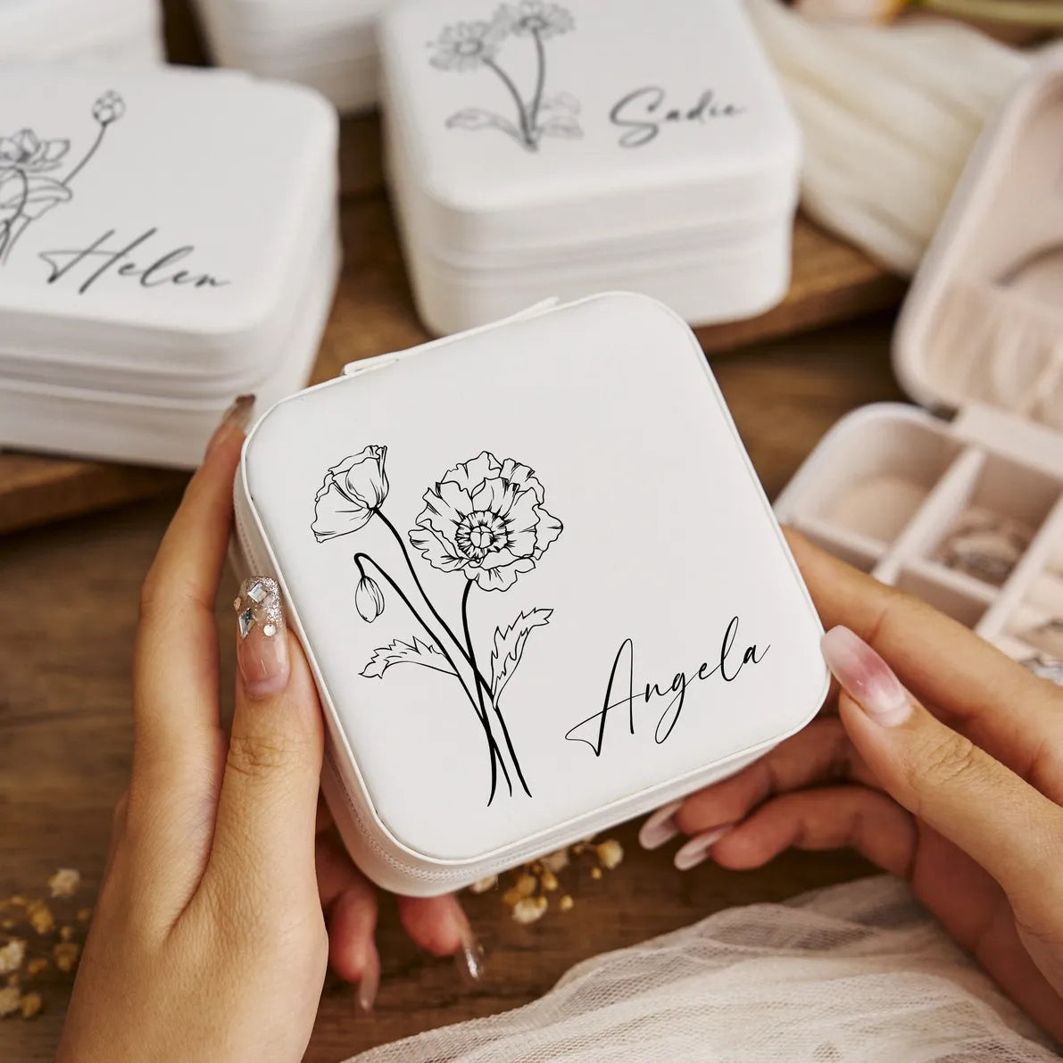 Birth Month Flowers Sketch Bloom Where You're Planted - Personalized Travel Jewelry Box, Small Square Earring Organizer, Bridesmaid Gifts Box for Sister, Friend