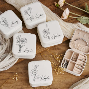 Birth Month Flowers Sketch Bloom Where You're Planted - Personalized Travel Jewelry Box, Small Square Earring Organizer, Bridesmaid Gifts Box for Sister, Friend