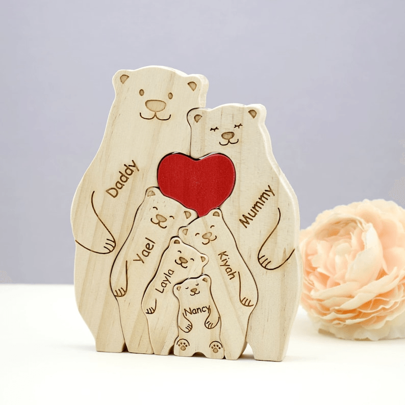 Family Wooden Hug Bears Puzzle -  Gift for Family Members, Parent, Grandparent, Mom and Dad, Grandma & Grandpa, Mother's Day, Father's Day