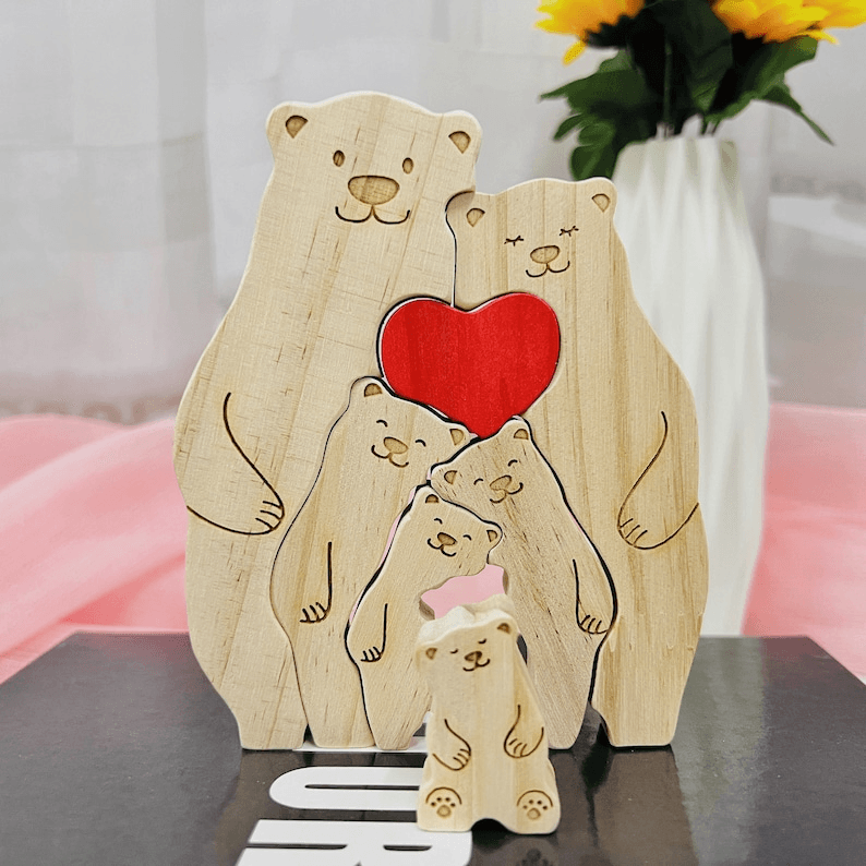 Family Wooden Hug Bears Puzzle -  Gift for Family Members, Parent, Grandparent, Mom and Dad, Grandma & Grandpa, Mother's Day, Father's Day