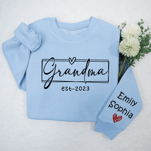 Grandma Est.2024 - Personalized Custom Sleeve Printed Sweater/Crewneck Sweatshirt - Mother's Day, Birthday, Loving, Funny Gift for Grandma/Nana/Mimi, Mom, Wife, Grandparent, Kids Names on Sleeve Sweater | Up to 10 Kids - Suzitee Store