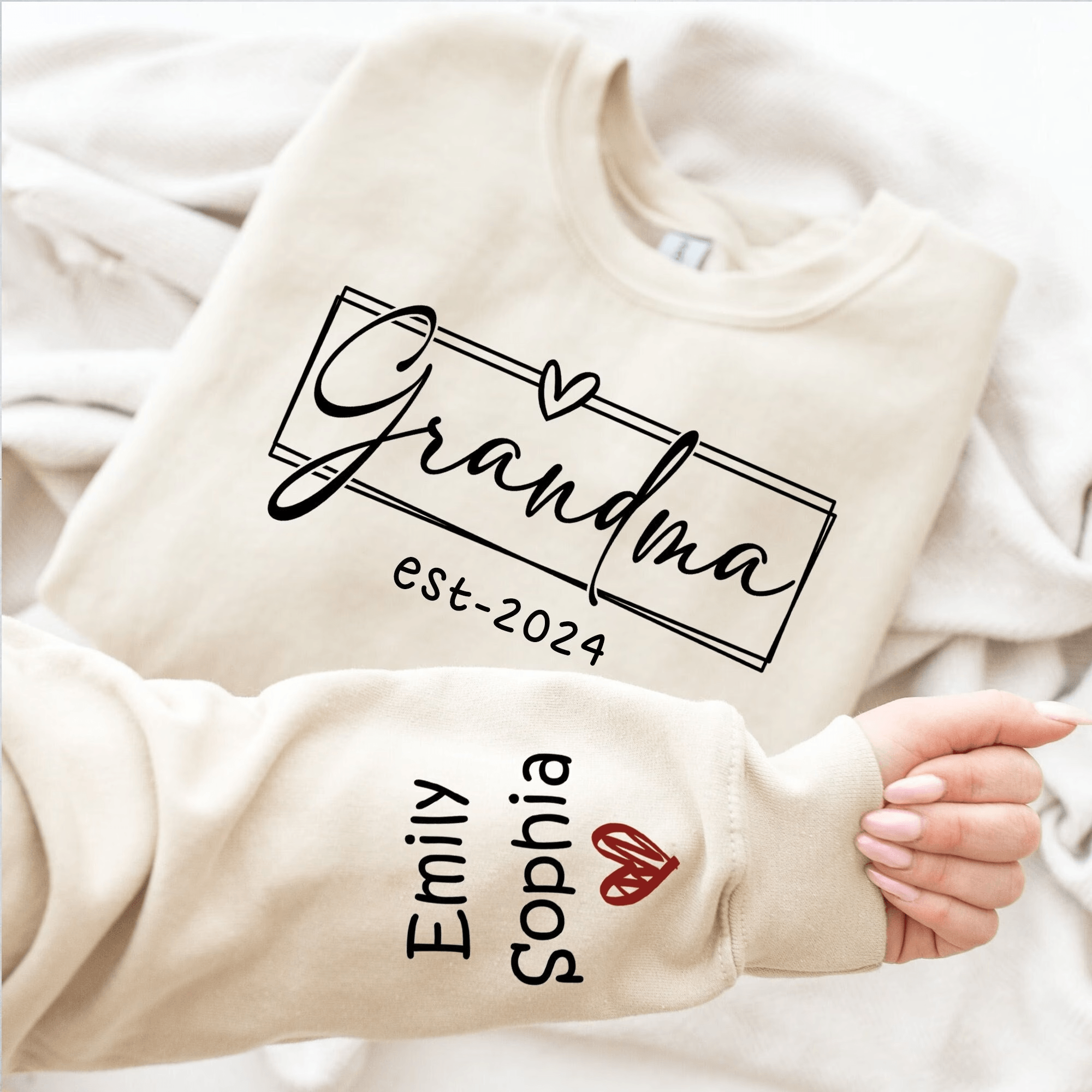 Grandma Est.2024 - Personalized Custom Sleeve Printed Sweater/Crewneck Sweatshirt - Mother's Day, Birthday, Loving, Funny Gift for Grandma/Nana/Mimi, Mom, Wife, Grandparent, Kids Names on Sleeve Sweater | Up to 10 Kids - Suzitee Store