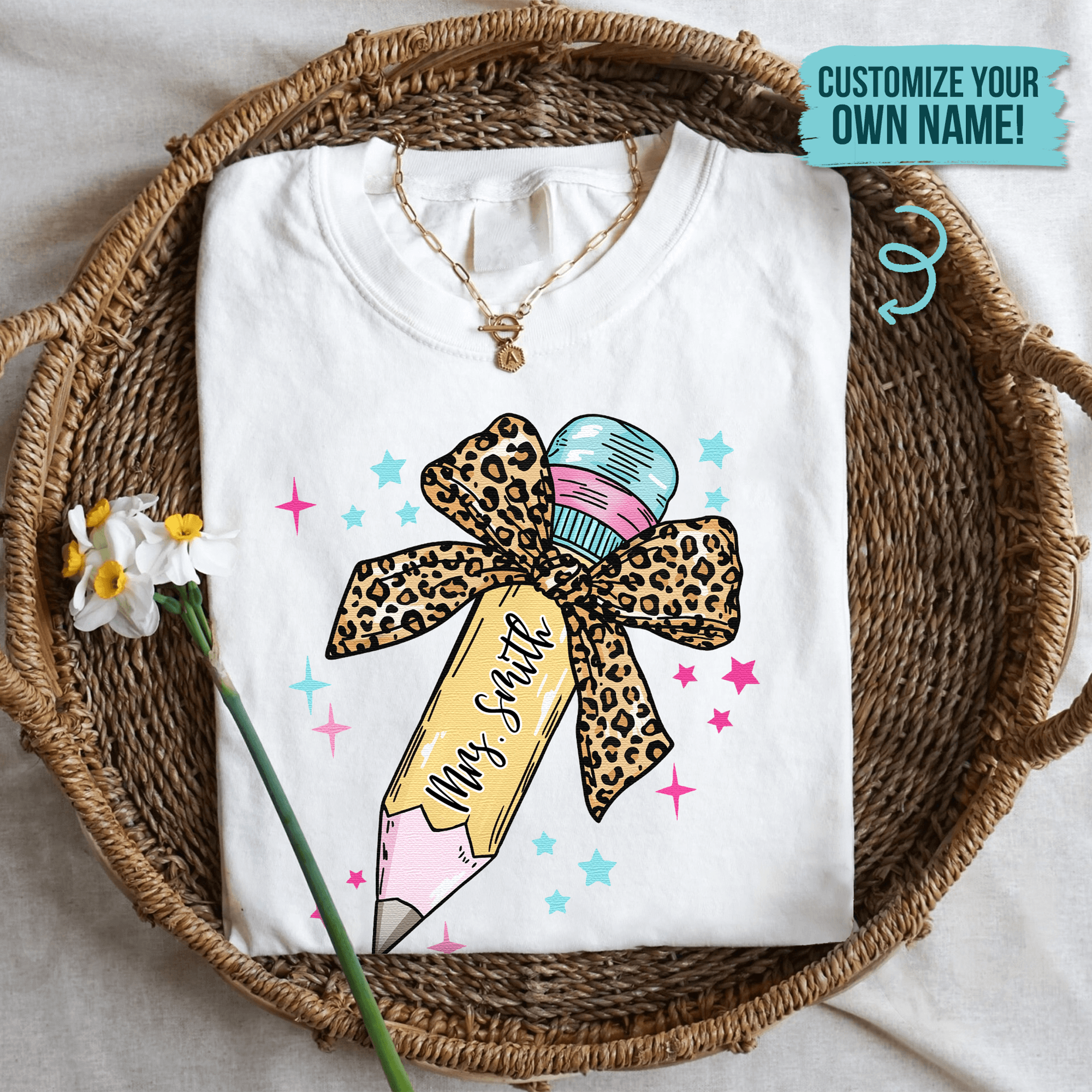 Leopard Print Bow Pencil Design - Personalized Custom T Shirt - First Day of School, Back to School Funny Gift for Teacher, Kindergarten, Preschool, Pre K, Paraprofessional