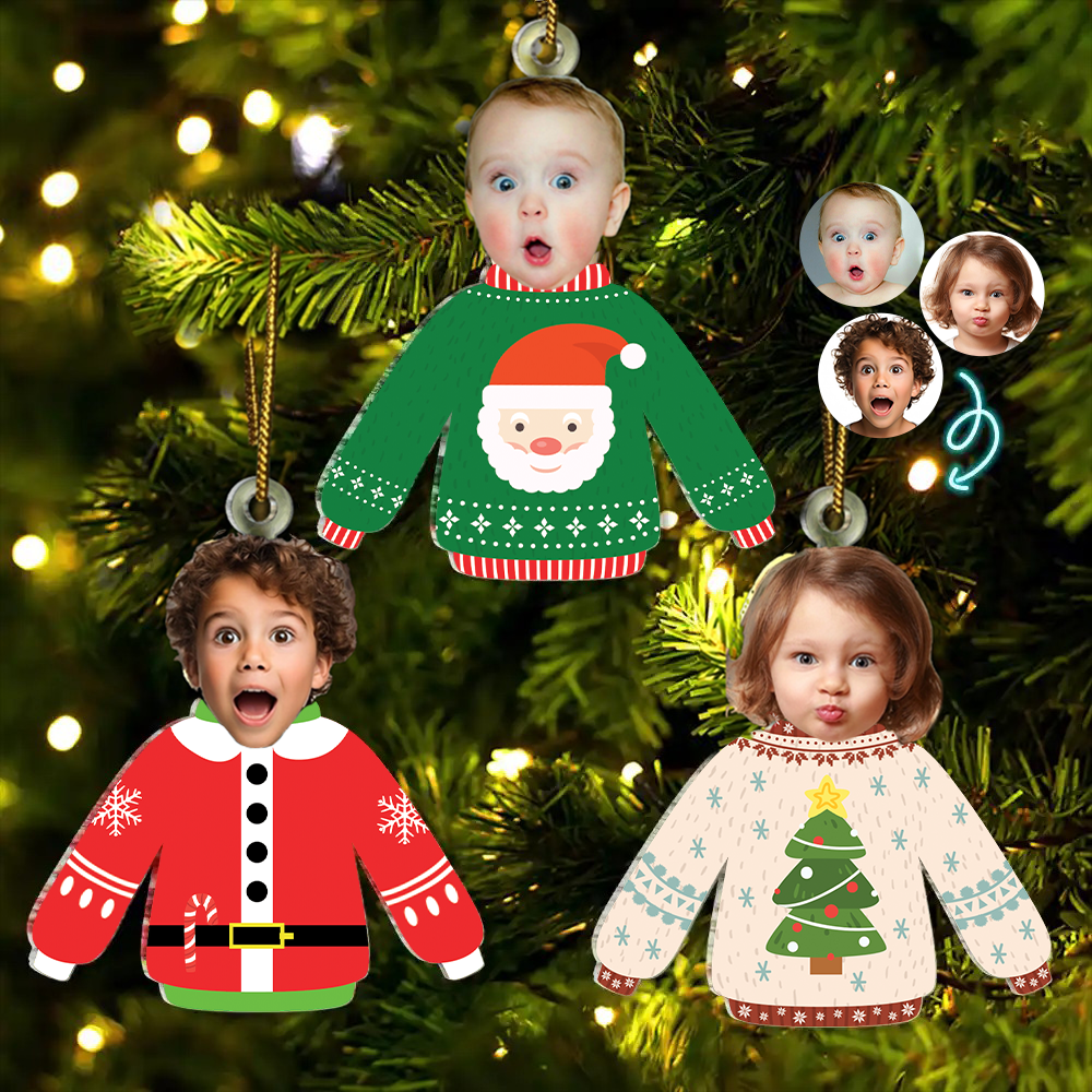 Custom Photo Funny Family Faces Hanging Christmas Sweater - Personalized Cutout Acrylic Ornament