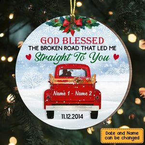 God Blessed The Broken Road That Let Me Straight To You Personalized Love Couple Red Truck Christmas Circle Ornament