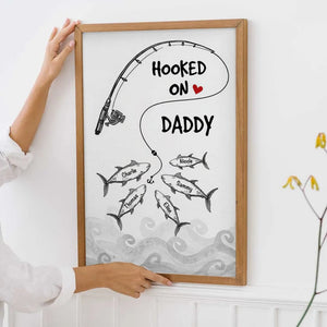 Fishes Hooked On Daddy Grandpa - Personalized Poster/Canvas Print - Father's Day Gift For Fisher, Fisherman, Fishing Lovers