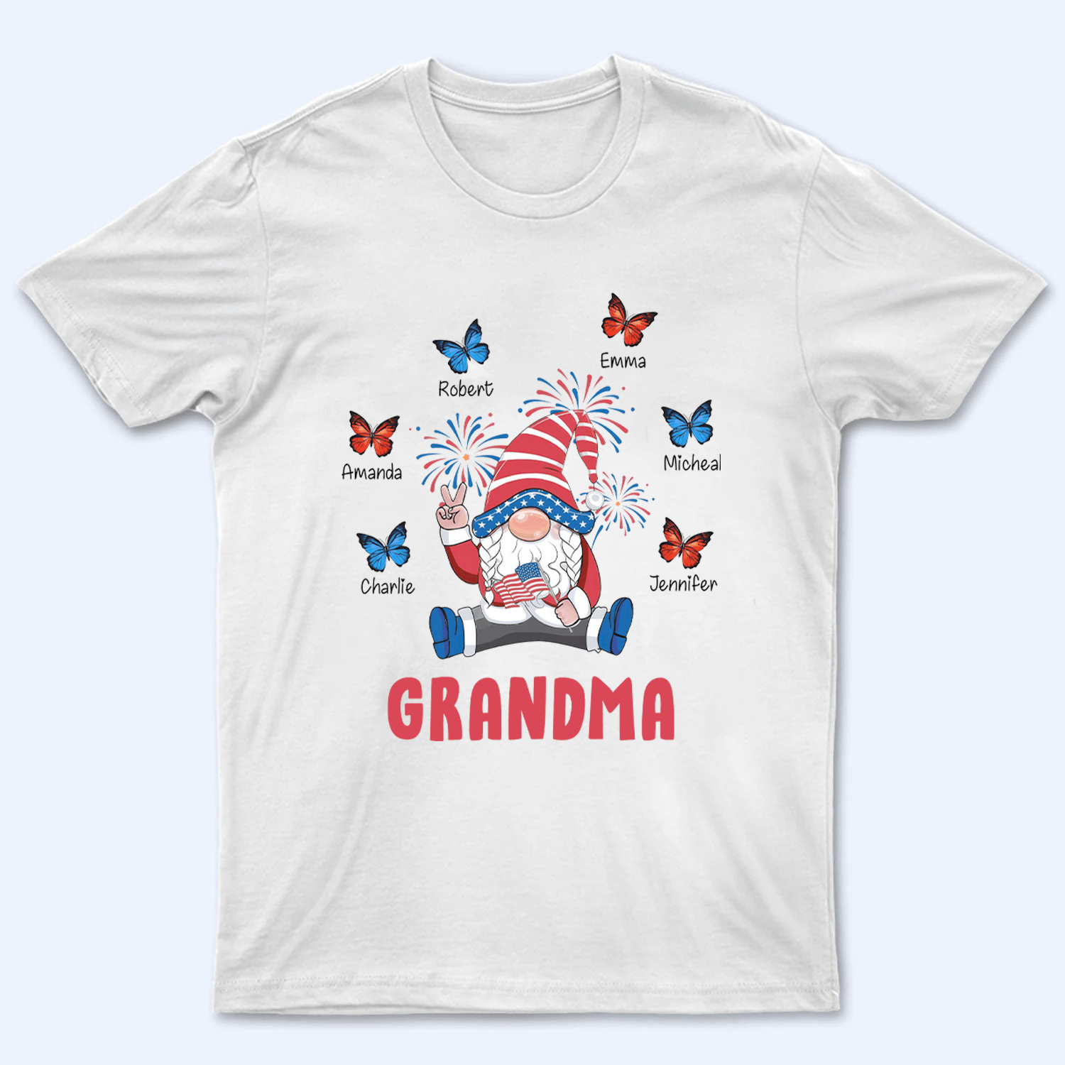 Gnome 4th Of July for Grandma Blessed With Grandkids Butterfly - Personalized Custom T Shirt - Gift for Grandma/Nana/Mimi, Mom, Wife, Grandparent