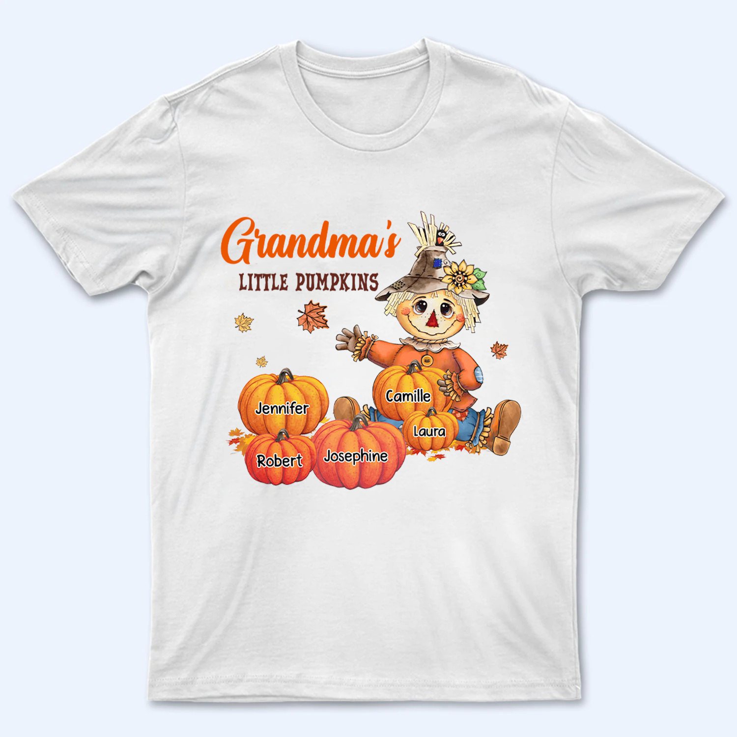 Scarecrow Autumn Grandma's Little Pumpkins - Personalized Custom T Shirt - Fall Season Gift for Grandma/Nana/Mimi, Mom, Wife, Grandparent