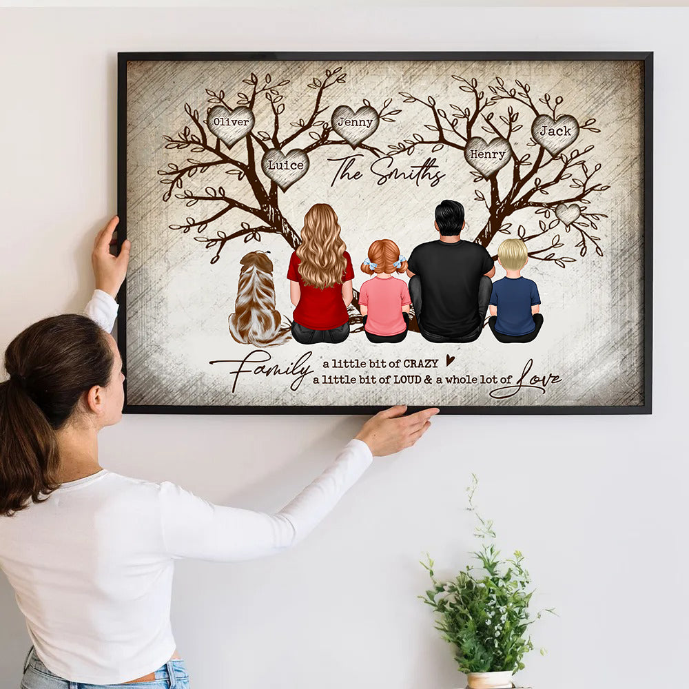 Family Heart Tree Sitting - Personalized Horizontal Poster - Gift For Family Members, Mom and Dad, Dog, Cat