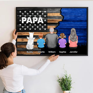 Dad Grandpa Back View Sitting With Kids Half Nation Flag - Personalized Poster/Canvas - Gift For Dad, Grandpa, Father's Day