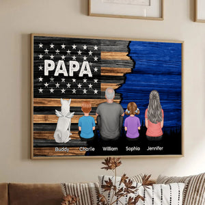 Dad Grandpa Back View Sitting With Kids Half Nation Flag - Personalized Poster/Canvas - Gift For Dad, Grandpa, Father's Day