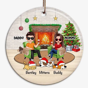 Doll Couple And Dogs Cats - Personalized Circle Ceramic Ornament - Christmas Gift For Couple, Husband, Wife, Pets Lovers