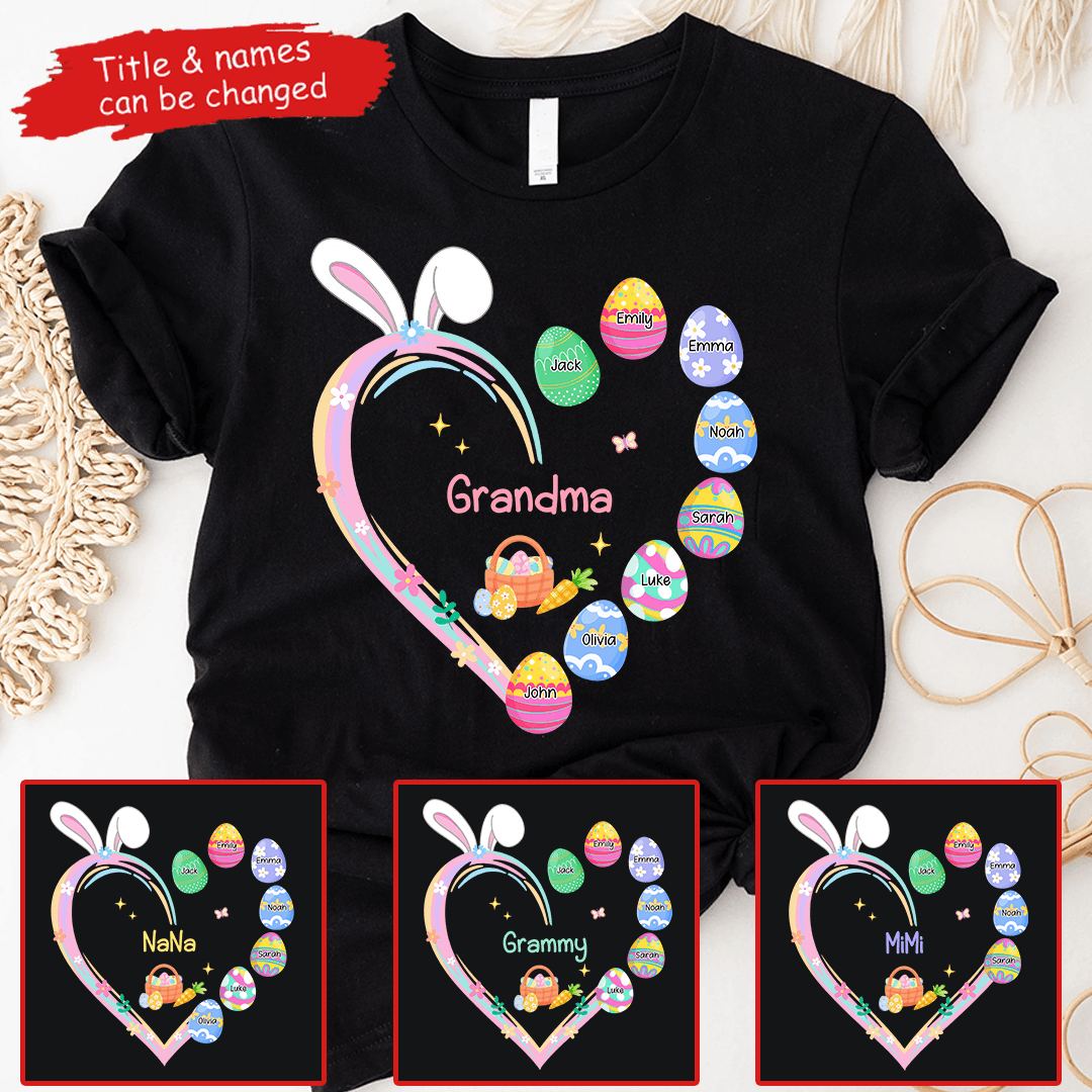 Grandma Easter Heart With Grandkids Bunny - Personalized Custom T Shirt - Easter, Birthday, Loving, Funny Gift for Grandma/Nana/Mimi, Mom, Wife, Grandparent - Suzitee Store