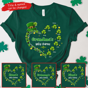 Grandma's Lucky Charms Shamrock St. Patrick's Day - Personalized Custom T Shirt - St. Patrick's Day, Birthday, Loving, Funny Gift for Grandma/Nana/Mimi, Mom, Wife, Grandparent - Suzitee Store