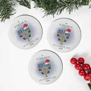 In This House We Celebrate Love Hanukkah - Personalized Circle Ceramic Ornament - Interfaith Family Gift Ideas, Jewish and Christian Family Decorations