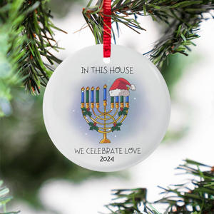 In This House We Celebrate Love Hanukkah - Personalized Circle Ceramic Ornament - Interfaith Family Gift Ideas, Jewish and Christian Family Decorations