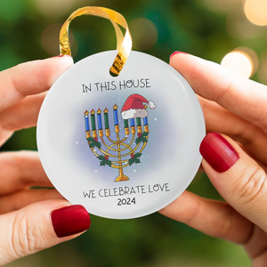 In This House We Celebrate Love Hanukkah - Personalized Circle Ceramic Ornament - Interfaith Family Gift Ideas, Jewish and Christian Family Decorations