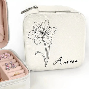 Birth Month Flowers Sketch Bloom Where You're Planted - Personalized Travel Jewelry Box, Small Square Earring Organizer, Bridesmaid Gifts Box for Sister, Friend