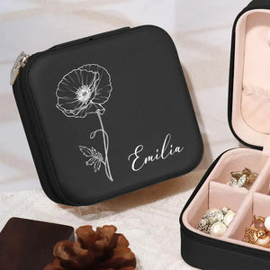 Birth Month Flowers Sketch Bloom Where You're Planted - Personalized Travel Jewelry Box, Small Square Earring Organizer, Bridesmaid Gifts Box for Sister, Friend